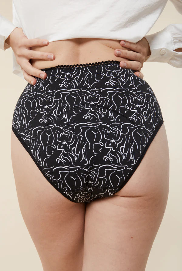 Culotte menstruelle bio motif women black taille haute pour flux abondant. Photo de dos